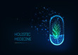 Holistic medicine concept with glowing futuristic low polygonal capsule pill and green leaf.