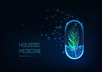 holistic medicine concept with glowing futuristic low polygonal capsule pill and green leaf.