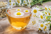 Daisy Flowers In Transparent Glass Tea Cup, Healthy Chamomile Herbs And Glass Jar Of Dry Daisies Buds.