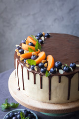 Wall Mural - Homemade layered chiffon cake with caramel and apricot jelly, with chocolate decoration and fruits