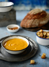 Close Up Of Pumpkin Soup Served In Bowl