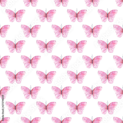 Cute pink butterflies seamless raster pattern