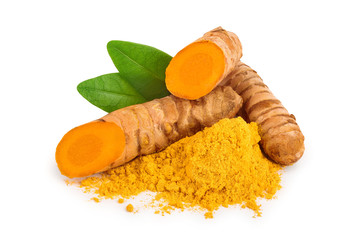 Wall Mural - turmeric root and powder isolated on white background close up