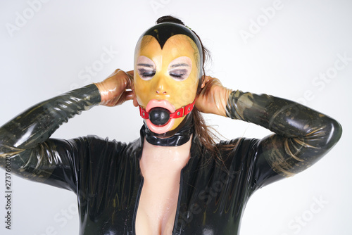 Hot Curvy Crossdresser Wearing Latex Rubber Mask And Black Fetish