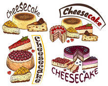 Vector Illustration Of Sketch Hand Drawn Logo Cheesecake With Strawberry, Cherry, Blackberry. Bakery, Pastry, Sweet Cake Background, Vintage Label, Flyer, Menu, Cafe, Restaurant, Shop, Confectionery.