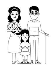 Wall Mural - family avatar cartoon character portrait in black and white