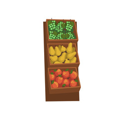 Wall Mural - Market Wooden Counter with with Fresh Natural Organic Fruits, Street Shop Showcase Vector Illustration