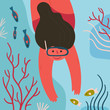 Woman underwater diver. Summer activity. Young girl in full face snorkeling mask is exploring deep sea life, she dives with tropical fishes and coral reef. Travel lifestyle. Vector flat illustration