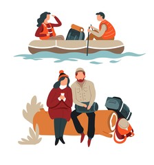 Wall Mural - couple hiking hikers in boat and sitting on log camping and rafting
