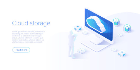 Cloud storage and pc download in isometric vector design. Computer service or app with data transfering. Online computing technology. Abstract server network connection.