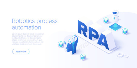 RPA concept in isometric vector illustration. Robotics process automation background with software robots and ai. Artificial intelligence web banner layout.