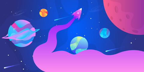 Poster - Vector illustration. Horizontal space background with abstract shape and planets. Web design. Space exploring. 