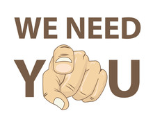We Need You Concept Vector Illustration. Retro Human Hand With The Finger Pointing Or Gesturing Towards You.