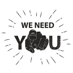 We need you concept vector illustration. Retro human hand with the finger pointing or gesturing towards you.