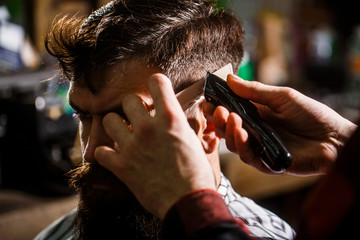 Wall Mural - barber works with hair clipper. hipster client getting haircut. hands of barber with hair clipper, c