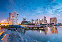 The Merlion Statue Fountain, Iconic Symbol Of Singapore, Overlooking The Marina Bay Waterfront, The Esplanade Theatres, Luxury Hotels