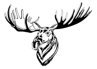 Wall Mural - Black silhouette of a moose head on a white background, can be used for a logo, emblem or tattoo.