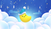 Cartoon Sweet Lullaby Theme. Cute Smiling Moon Wearing A Nightcap With Fluffy Pom Pom. Beautiful Shooting Stars And White Clouds At Night.3d Rendering Picture.