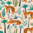 Tiger pattern with tropical leaves. Vector seamless texture.