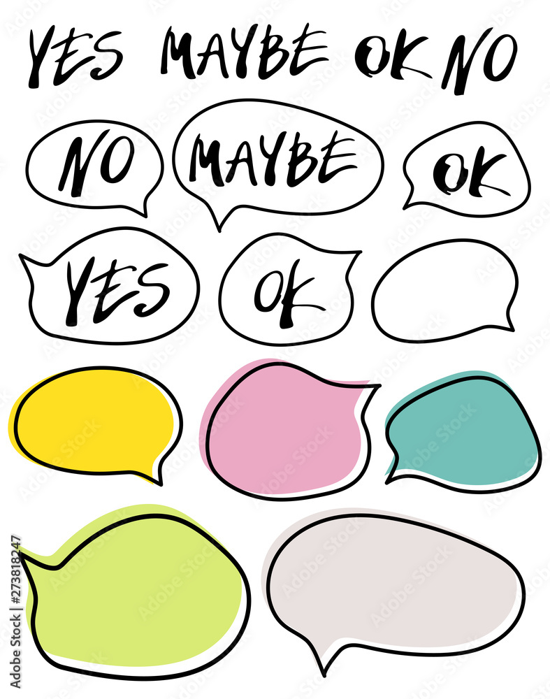 Maybe Sign Finger Hand written yes, no, maybe, ok signs in speech bubbles. Set of vector ...