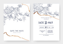 Botanical Wedding Invitation Card Template Design, Climbing Rose Line Art Ink Drawing On White