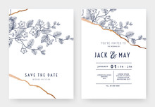 Botanical Wedding Invitation Card Template Design, Cypressvine Morning Glory Line Art Ink Drawing On White