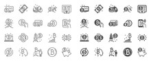 Cryptocurrency Line Icons. Set Of Blockchain, Crypto ICO Start Up And Bitcoin Icons. Mining, Cryptocurrency Exchange, Gold Pickaxe. Bitcoin ATM, Crypto Coins, Financial Ico Markets, Blockchain