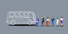 Group Of People Tourists Standing Line Queue To Boarding Tour Bus Men Women Passengers Waiting At City Public Transport Station Sketch Doodle Horizontal