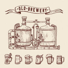 Vintage Engraving Style Beer Set. Retro Brewery Engraving. Copper Tanks And Barrels, Beer Mugs And Ribbon. Craft Beer Local Brewery. Beer Pint Hand Drawn Ink Sketch.