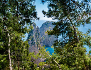 Wall Mural - Faraglioni rocks view from hiking pass along  Capri coastline, Italy.