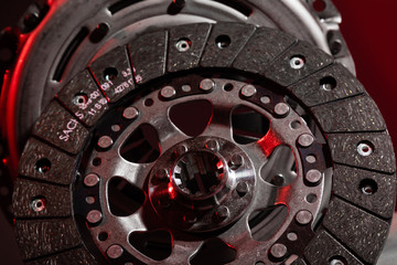 Wall Mural - Close-up shot of clutch disk and basket on dark background