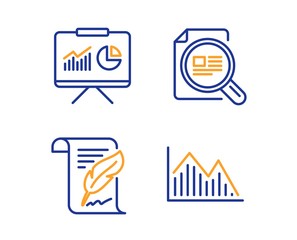 Wall Mural - check article, feather and presentation icons simple set. investment graph sign. magnifying glass, c