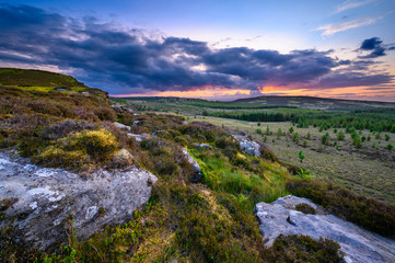 Canvas Print - Sunset viewed from top of Great Wanney Crag, on the edge of Northumberland National Park, is a remote escarpment popular for rock climbing and walking