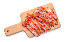 Board With Fried Bacon On White Background
