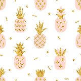 Creative seamless pattern of pink pineapple with gold glitter texture. Scandinavian stylish background. Vector illustration with hand drawn cute pineapple. Trendy print