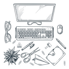 Workplace, vector sketch top view illustration. Office table with computer monitor, cactus and stationery.