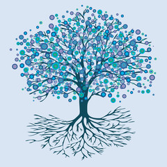  A vector illustration of a tree of life with abstract round blue flowers 