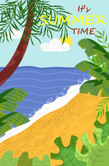 Wall Mural - Summer time postcard decorated by sand and ocean view, palm trees and leaves, sunny weather, desert coast in flat design style, holiday on sea vector