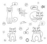 Fototapeta Pokój dzieciecy - Cute cartoon cat and mouse icons. Black and white vector illustration.