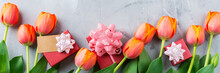 Spring Background With Orange Tulips. Women, Mother Day, Greeting Card