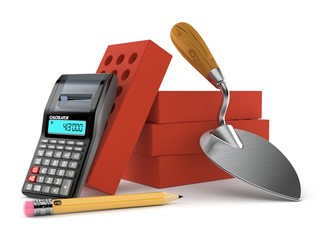 Wall Mural - Trowel and bricks with calculator and pencil