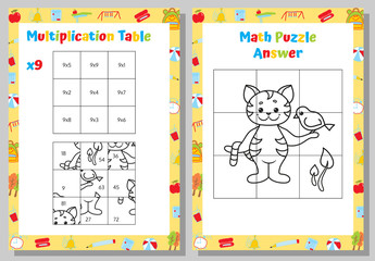 Wall Mural - Multiplication Table Math Puzzle Worksheet. Educational Game. Mathematical Game. Vector illustration.