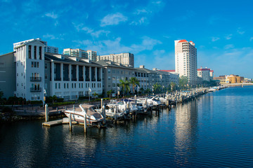 Wall Mural - Tampa Bay, Florida. April 28, 2019 . Luxury boats in Harbour Island dockside on lightblue sky background (5)