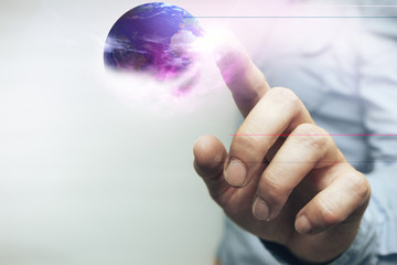 Poster - Human touching planet with finger on a white background. Mixed media.