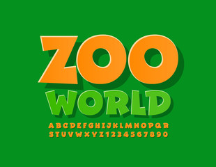 Vector bright logo Zoo World with Orange Uppercase Font. Comic style Alphabet Letters and Numbers