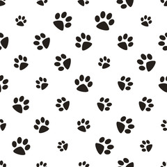 Wall Mural - Cute paw seamless pattern, cat feet steps, pet design. Texture for wallpapers, fabric, wrap, web page backgrounds, vector illustration