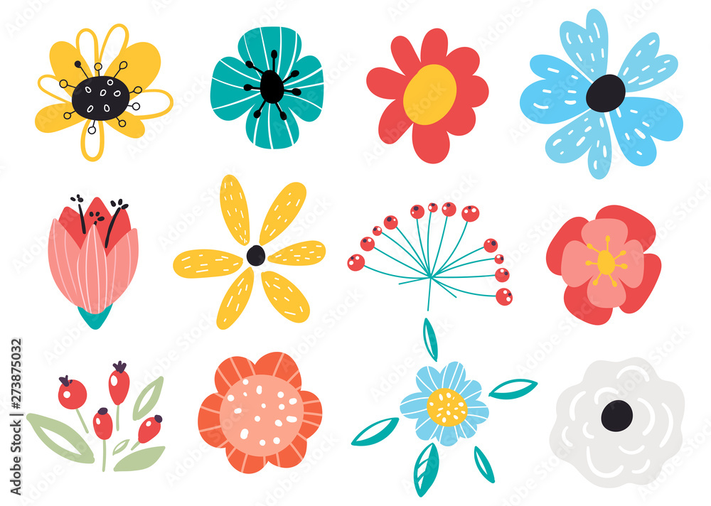 Set of decorative floral design elements. Flat cartoon vector illustration. Illustration of nature flower spring and summer in garden. - obrazy, fototapety, plakaty 
