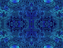 Vintage Psychedelic Tryppi Colorful Fractal Pattern. Gradient Blue, Dark Blue Colors. Decorative Surreal Abstract Mandala With Maze Of Ornament Shamanic Fantasy Texture.