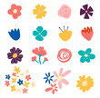 Set of flowers and floral elements isolated on white background. Set of cute hand-drawn Spring flowers. Many bright and beautiful flowers.