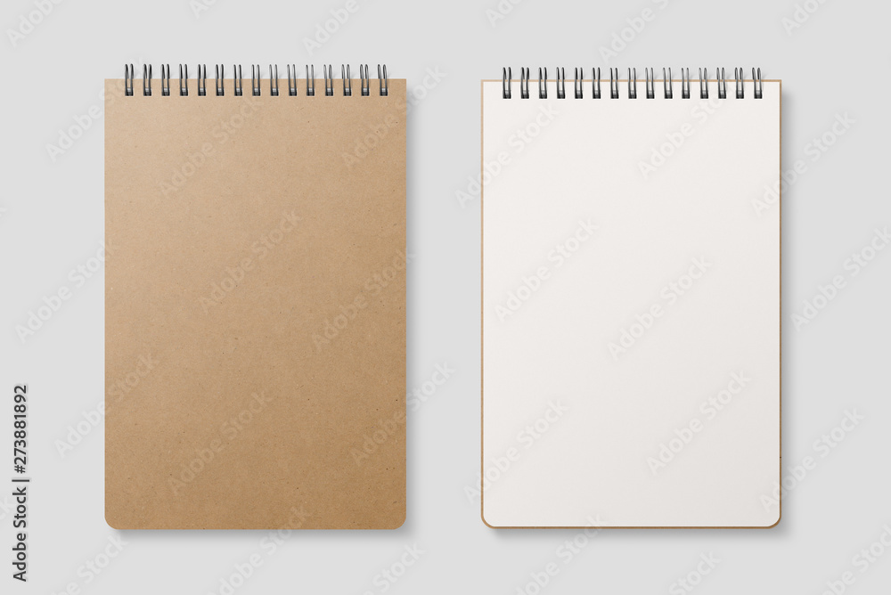 Blank realistic spiral bound notepad mockup with Kraft Paper cover on light grey background. High resolution. - Immagine  - obrazy, fototapety, plakaty 
